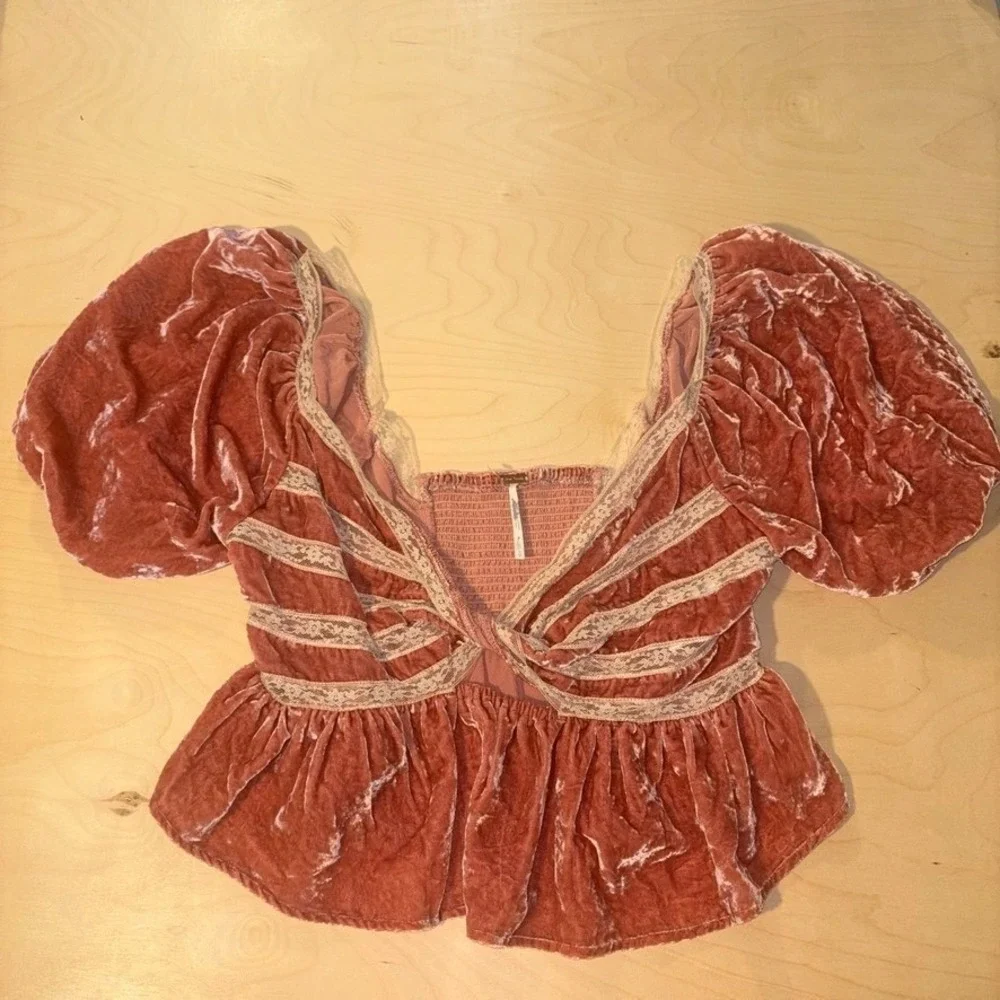 Free People Yours Truly Velvet Puff Sleeve Top Regency Empire Waist Sz S Pink